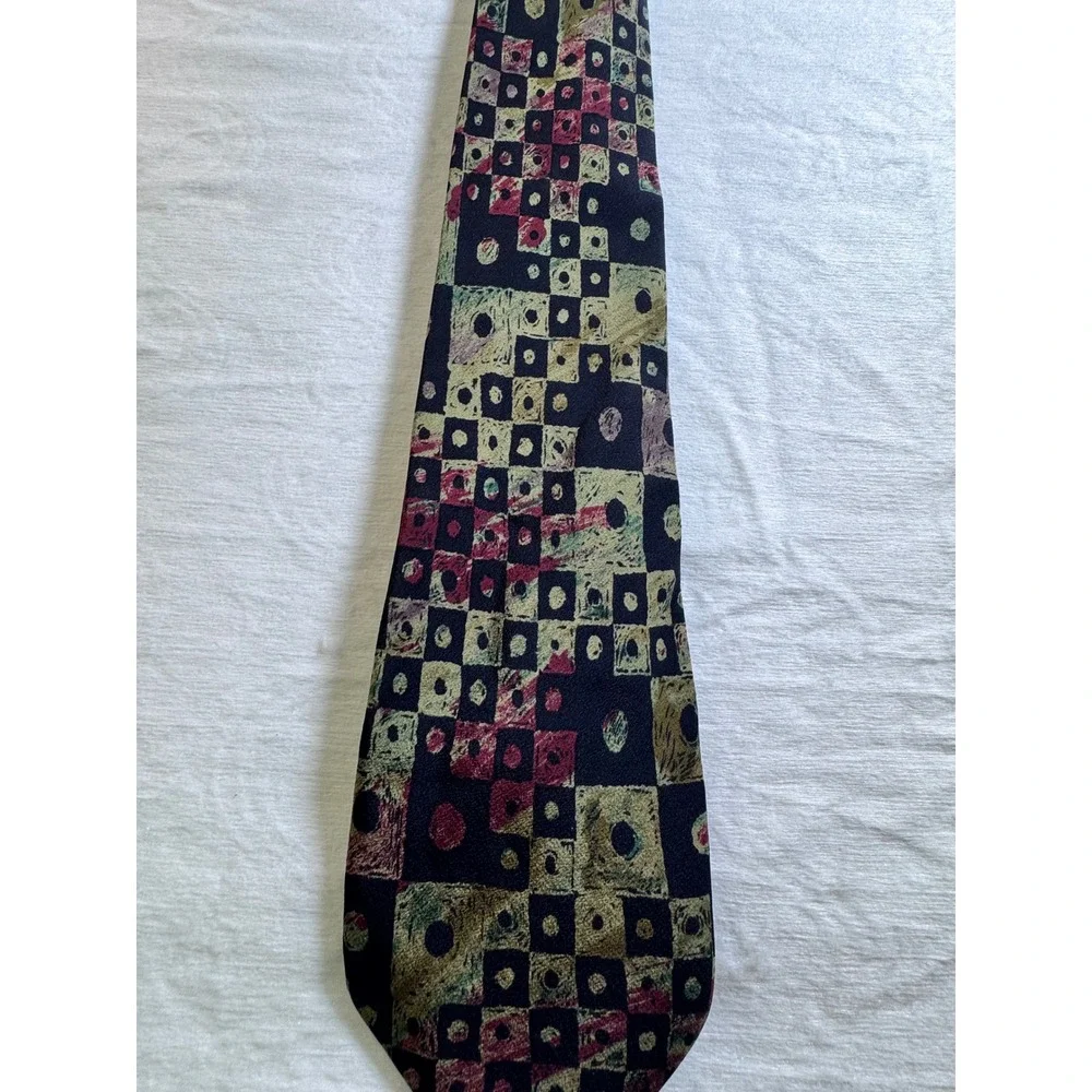 Geoffrey‎ Beene Mens Silk Tie Navy Red Gold Geometric Abstract Pattern Necktie